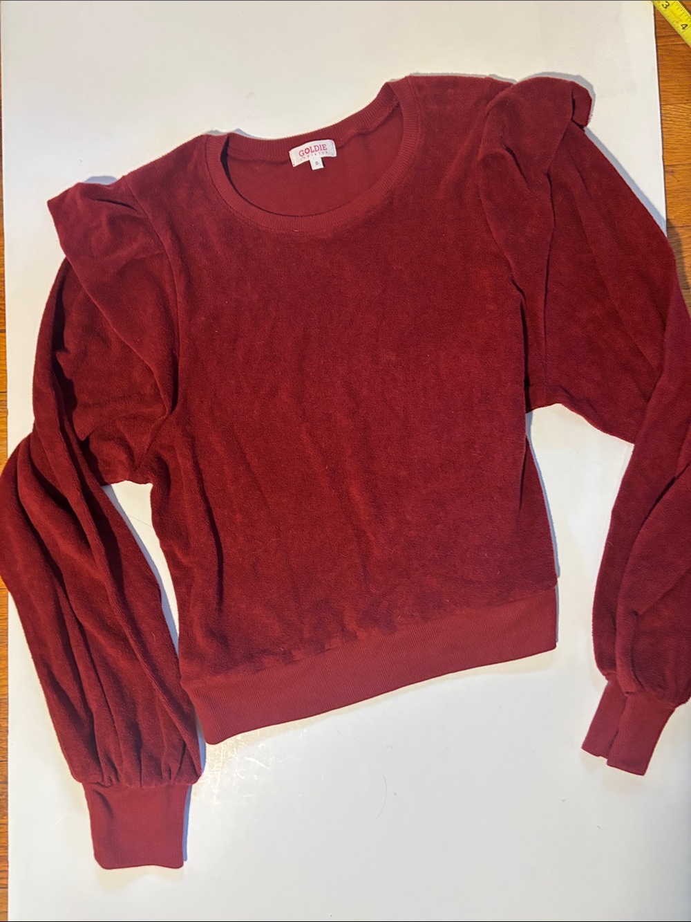 Goldie Burgundy ruffle Puff-Sleeve Crewneck terry cloth sweatshirt